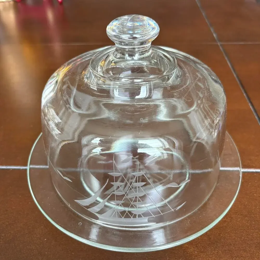 Vintage Etched Glass Cheese Dome w Plate Nautical Ship Cloche Butter DishCoastal
